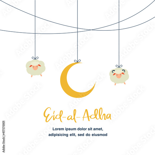Eid AL Adha greeting flat illustration with cute sheep