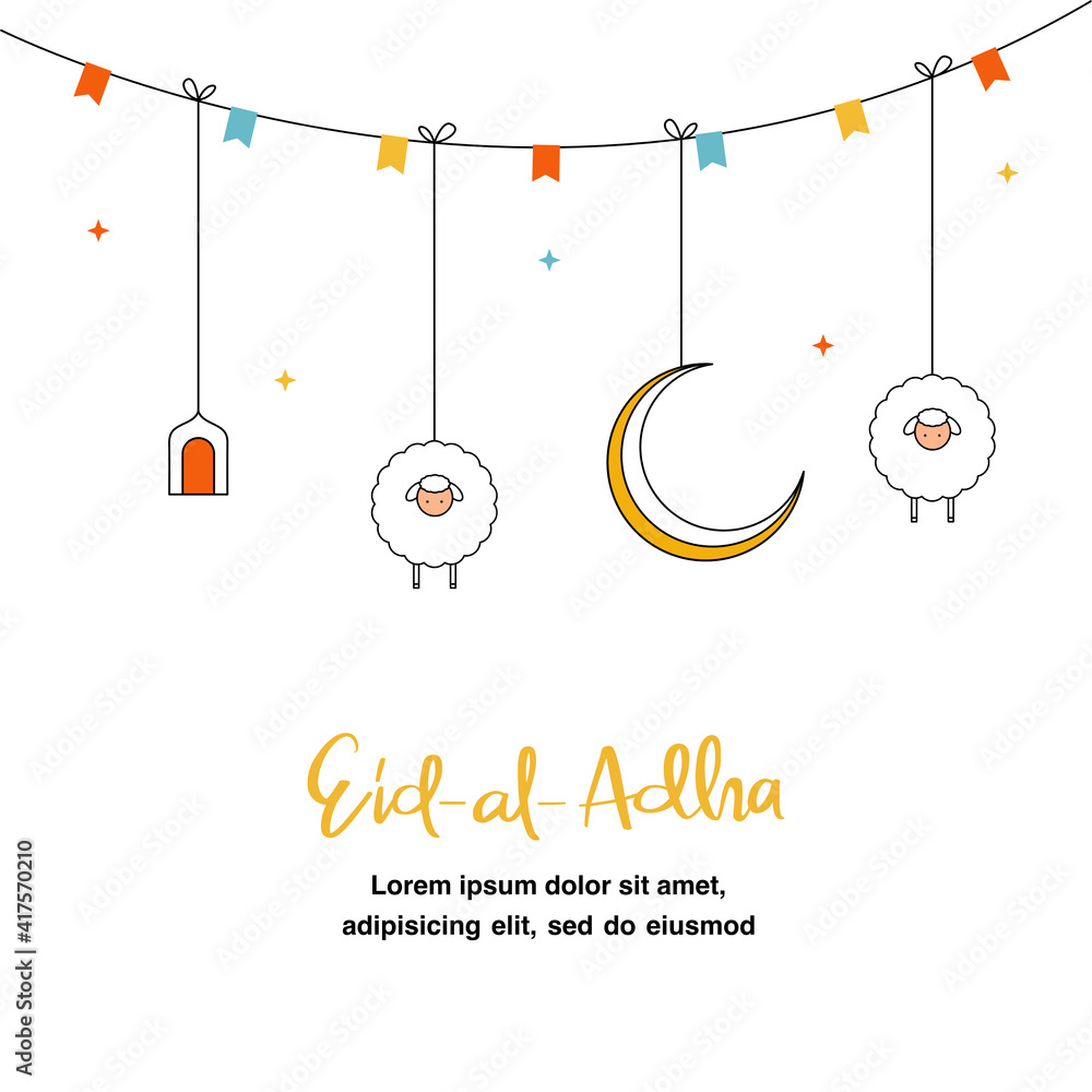 Obraz premium Eid AL Adha greeting flat illustration with cute sheep