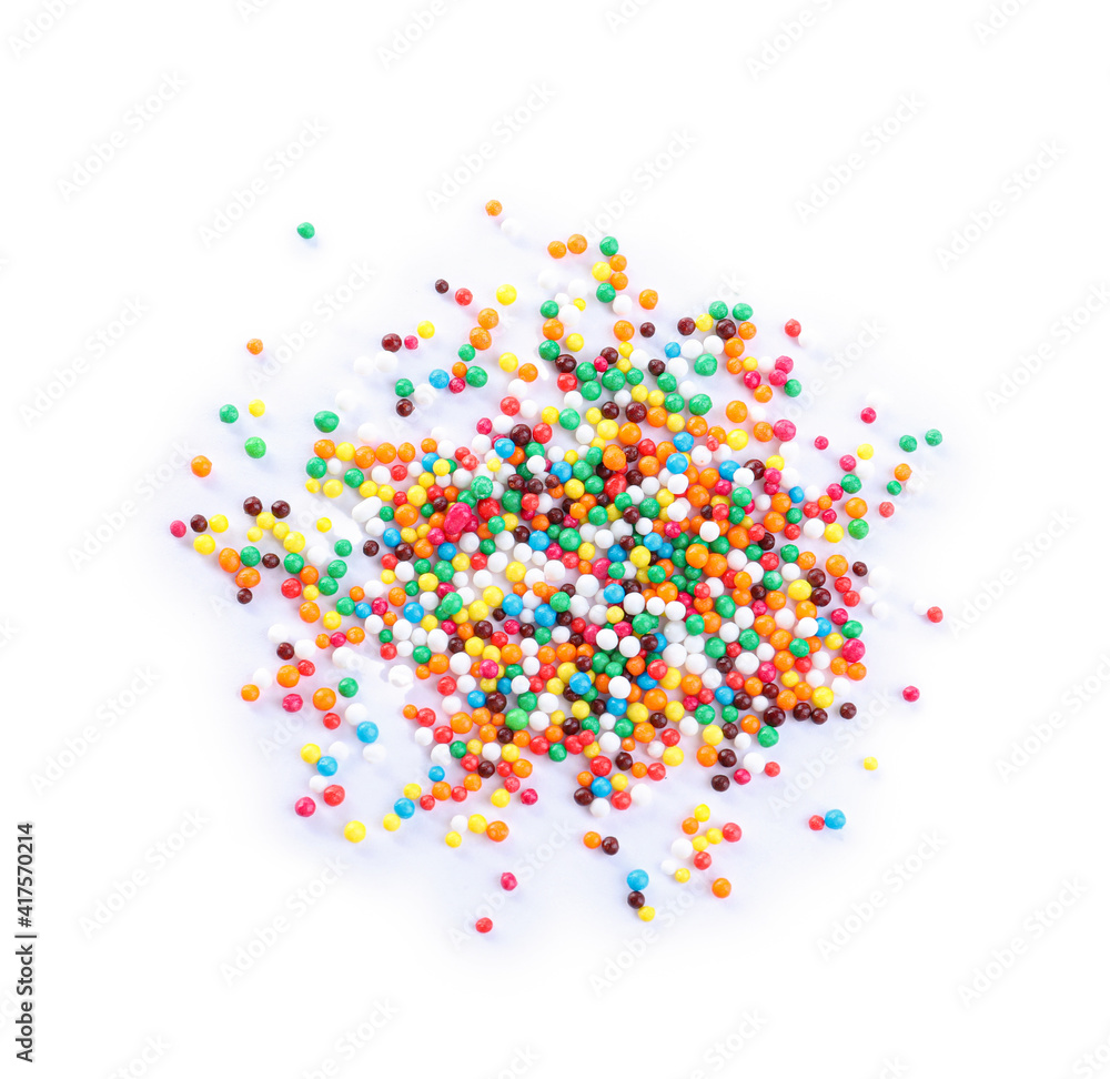 Colorful sprinkles on white background, top view. Confectionery decor Colorful sprinkles on white background, top view. Confectionery decor
