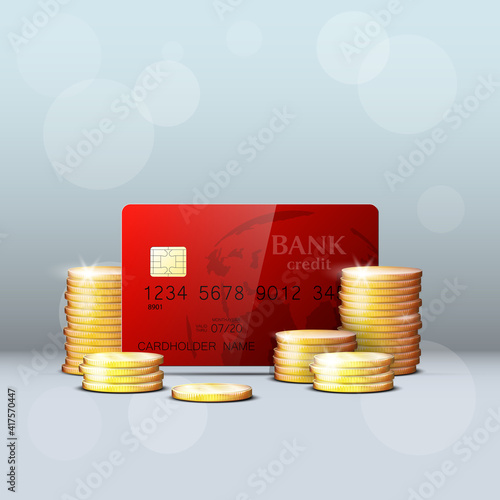 Credit card & gold coins banner. Banking hidden treasures icon. Finans riches icon. Plastic card software wealth badge. Debit card with electromagnetic chip. Privacy Electronic money funds transfer.