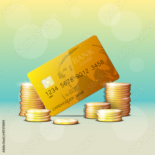 Credit card & gold coins banner. Banking hidden treasures icon. Finans riches icon. Plastic card software wealth badge. Debit card with electromagnetic chip. Privacy Electronic money funds transfer.