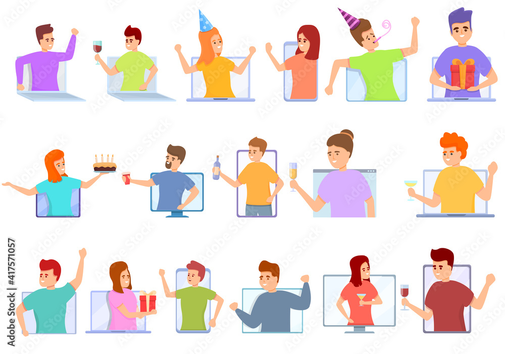 Online party icons set. Cartoon set of online party vector icons for web design Online party icons set. Cartoon set of online party vector icons for web design
