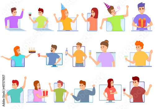 Online party icons set. Cartoon set of online party vector icons for web design