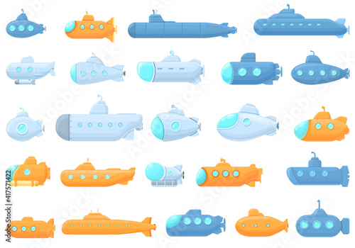 Submarine icons set. Cartoon set of submarine vector icons for web design