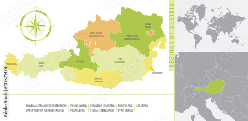 Detailed map of Austria with administrative divisions of the country, color vector illustration