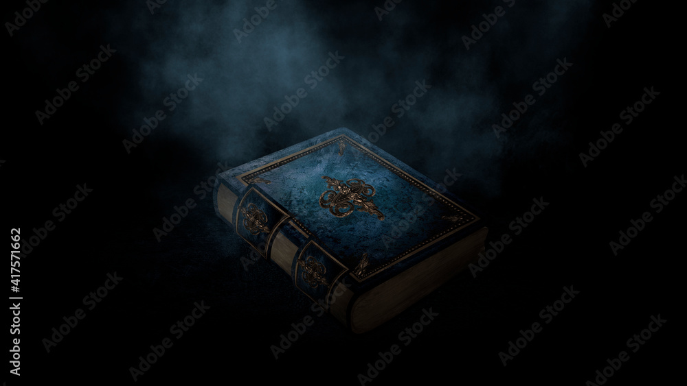 Fototapeta premium Magic old book on a dark background, smoke, fog, neon light in the dark. 