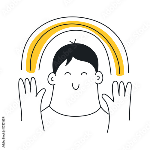 Happy man holding a rainbow in his hands. Positive vibes, mindfulness, relaxation, meditation, and joy. Thin line vector illustration on white.