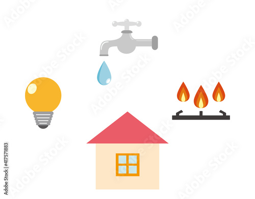 水道　ガス　電気　　住まいのベクターイラスト