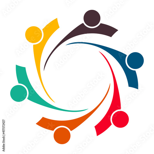 Group of six persons in circle. holding hands.The summit workers are meeting in the same power room.