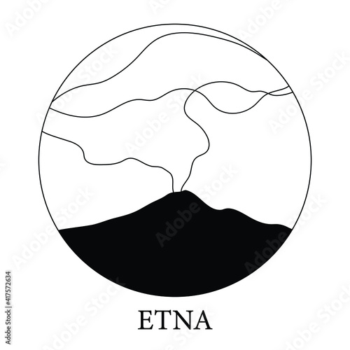 Etna eruption. Sicilian volcano. Isolated black and white illustration of an active volcano. Silhouette. Catania, Sicily, Italy