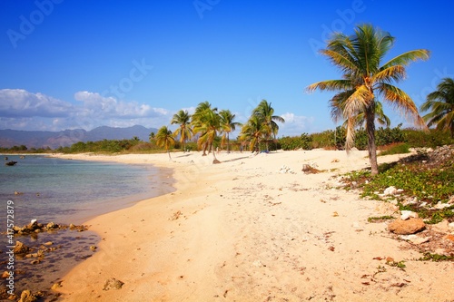Cuba beach - Playa Ancon. Landscape of Cuba. Beautiful Caribbean sandy beach in Cuba.