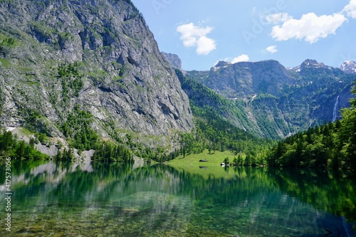 Crystal clear lake "Obersee" in the Bavarian Alps in Berchtesgaden