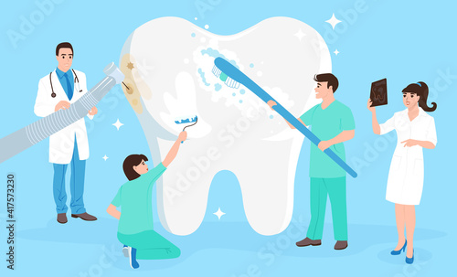 A group of dentists clean and treat a tooth. Dental care concept. Flat vector illustration