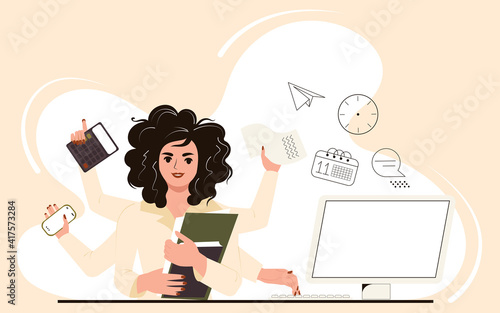 Multitasking woman at work in the office. Businesswoman performs many tasks at the same time at her desk at the computer. Flat vector illustration