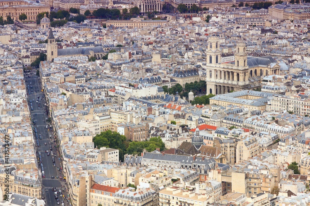 Paris aerial view. Urban landscape - Paris city, France. Filtered color style.