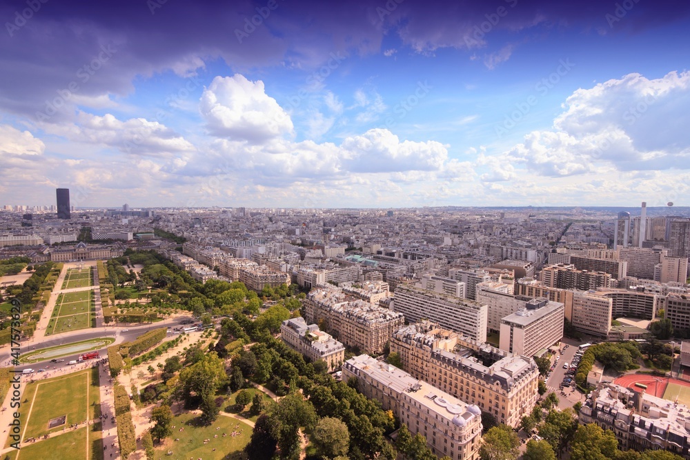Paris, France - aerial city view. France landmarks - Paris city, France. Filtered color style.