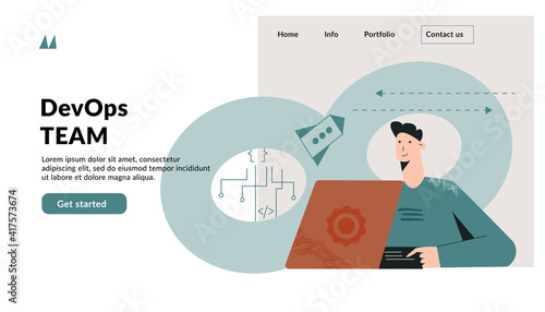 DevOps concept. Template for website. Software engineering culture and practice of development and software operation. Team building with dev ops symbol. Modern flat vector illustration