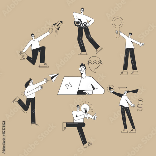 Set of remote developers team of programmers web developers designers collaborating on software project. Black and white flat vector character illustration