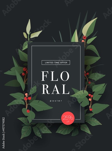 Bright floral background design with plants and leaves. Vector