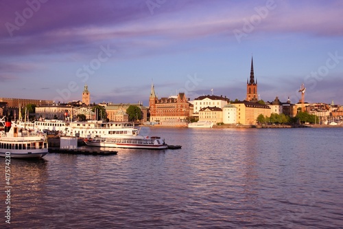 Stockholm sunset cityscape. Stockholm landmarks. Filtered colors style.