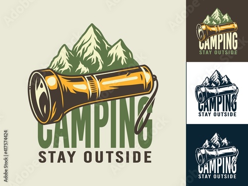 Set of camp flashlight, mountain and rock for camping and outdoor travel expedition or t-shirt print, emblem