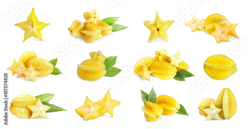 Set with delicious ripe carambola fruits on white background, banner design