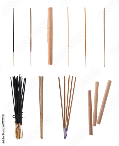 Set with aromatic incense sticks on white background photo