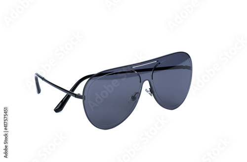 Stylish dark blue sunglasses on a white background.