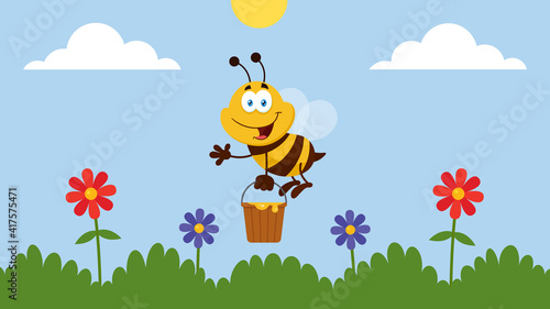Bee Cartoon Character Flying With Bucket In The Garden. Vector Illustration Flat Design With Background