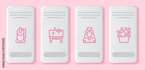 Set line Toilet paper roll, Clean table, Cleaning lady service and Basin with soap suds. White rectangle button. Vector.