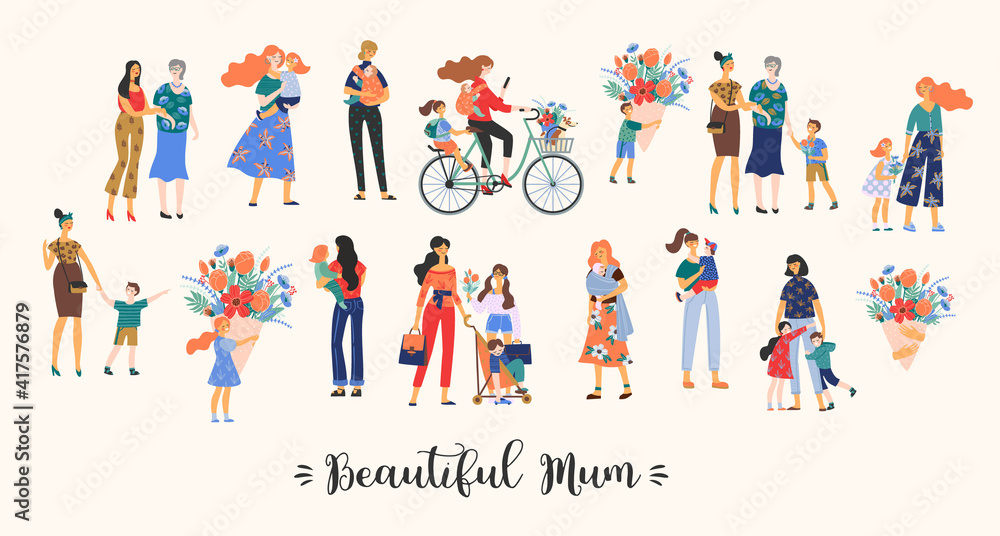 Beautiful Mum. Vector collection of cute illustration. Mothers with children. Clipart. Concept for Mothers day and other