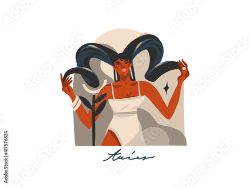 Hand drawn vector stock abstract flat graphic illustration with zodiac astrological, sign Aries with beauty magic african american female cartoon artistic design isolated on white background