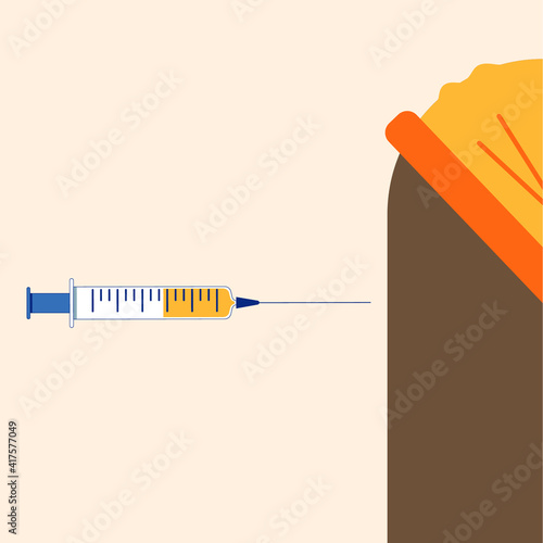 Vaccination person by syringe. An injection dose of the vaccine into the patient's arm. Vaccination, antiviral shot. Injecting vaccinate with a syringe. Hands in surgical gloves. Vector 8 eps