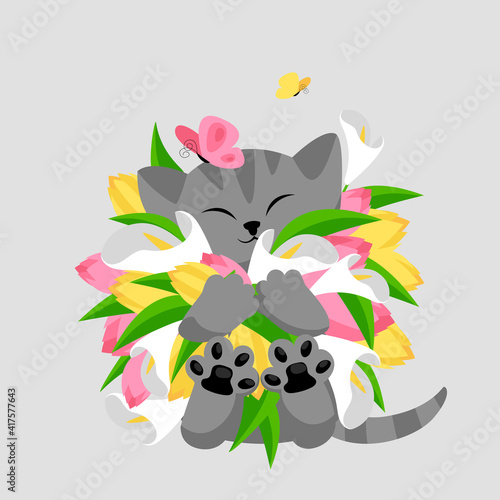 cat with flowers. vector greeting card with a cute kitten and a bouquet of flowers