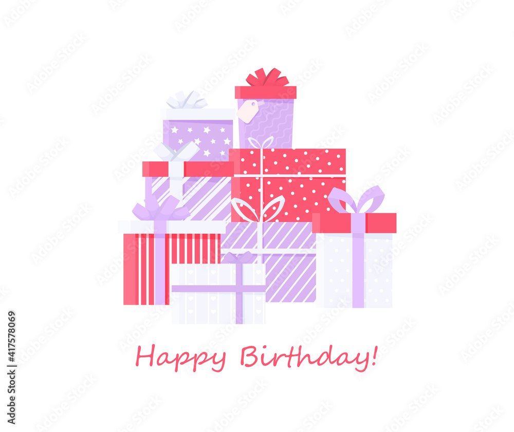 Happy Birthday card with different gift boxes. Happy Birthday card with different gift boxes.