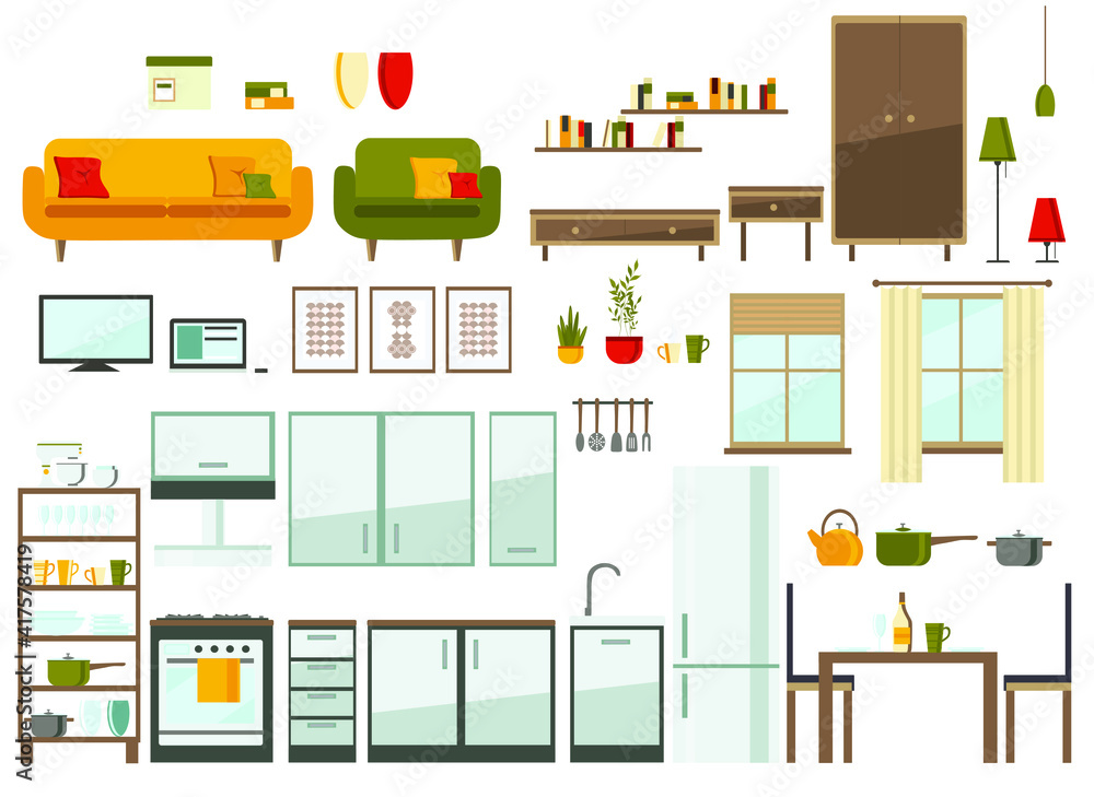 living room and kitchen furniture set, vector flat illustration living room and kitchen furniture set, vector flat illustration