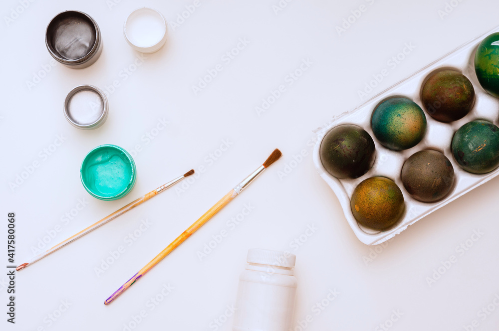 Easter eggs painting concept. Flat lay, top view Easter eggs painting concept. Flat lay, top view