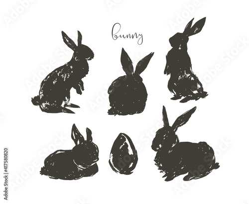 Hand drawn vector abstract ink sketch graphic drawing scandinavian Happy Easter simple bunny illustrations sihouette collection set with freehand collage textures isolated on white background
