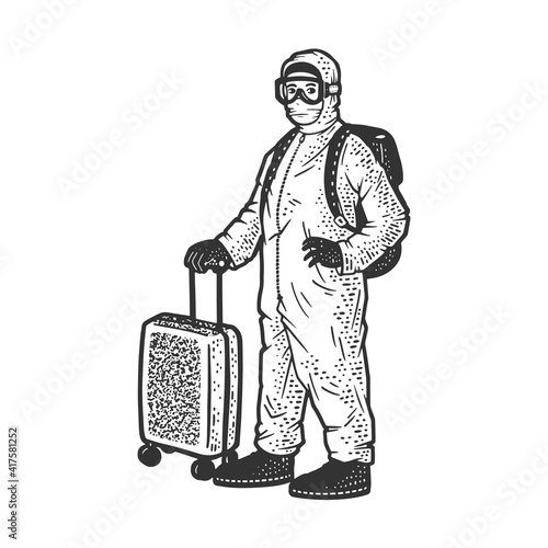 Tourist in protective medical suit with suitcase on wheels sketch engraving vector illustration. T-shirt apparel print design. Scratch board imitation. Black and white hand drawn image.