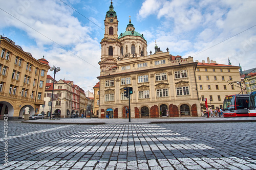 Green roof of St. Nicholas Church in the quarter of Mala Strana in Prague in Central Europe