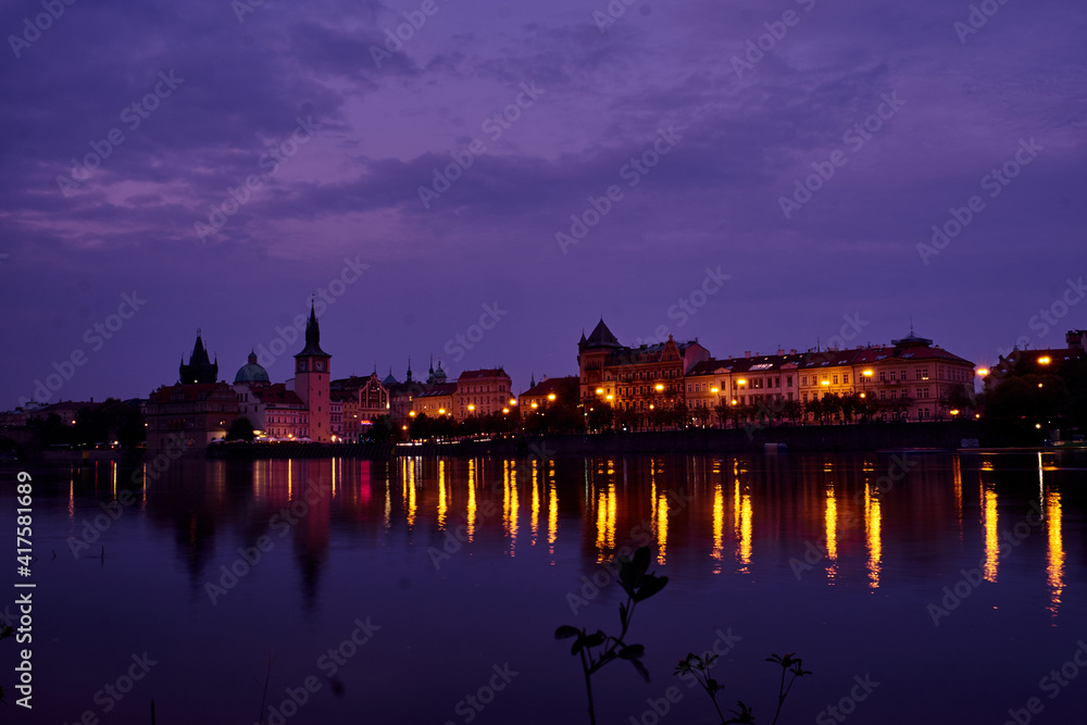 Long exposure night photography on the Vltava river in Prague, Czech Republic