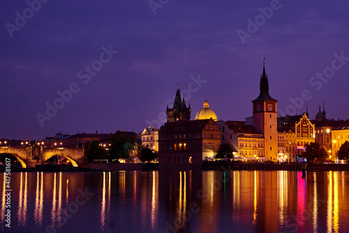 Long exposure night photography on the Vltava river in Prague  Czech Republic