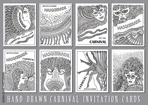 Vector set of abstract Masquerade, Mardi Gras holiday cards. Carnival Party invitation. Black and white hand drawn doodle sketch. Hand drawn ornaments, feathers, checkered texture