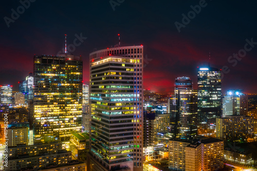 Amazing cityscape of Warszawa at night, capital city of Poland.