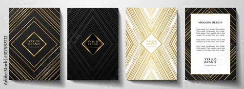 Modern black cover, frame design set. Luxury creative line pattern in premium colors: black, gold and white. Formal vector layout useful for notebook cover, business poster, brochure template