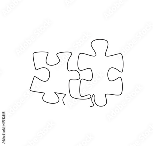 One single line drawing of puzzle pieces for connection company logo identity. Teamwork business icon concept from jigsaw shape. Trendy continuous line draw design vector illustration