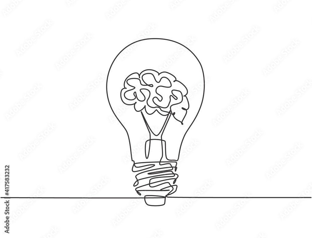 One single line drawing of clean lightbulb with human brain for medical company logo identity. Creative mental health therapy icon concept. Trendy continuous line draw design vector illustration One single line drawing of clean lightbulb with human brain for medical company logo identity. Creative mental health therapy icon concept. Trendy continuous line draw design vector illustration