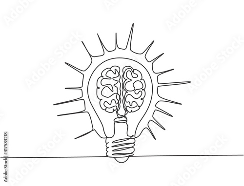 One continuous line drawing of shining lightbulb with human brain organ inside icon logo emblem. Food supplement symbol logotype template concept. Modern single line draw design graphic illustration