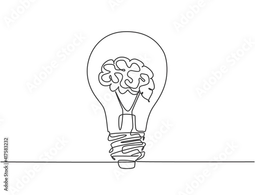 One single line drawing of clean lightbulb with human brain for medical company logo identity. Creative mental health therapy icon concept. Trendy continuous line draw design vector illustration