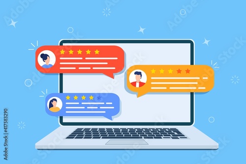 Review rating testimonials online on computer screen or customer testimony feedback experience, bubble messages on laptop pc with reputation chat modern. Vector illustration in flat style